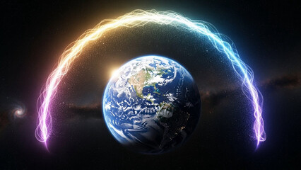 Protective hands-free arc of light covering the Earth (no figures).