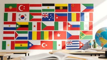 International flags collection wall in modern office with global business theme and world map