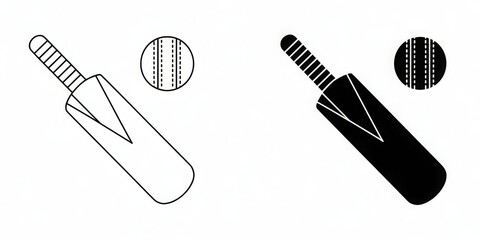 cricket bat and ball icon set in outline and silhouette style, representing sports and outdoor activity, vector illustration. 
