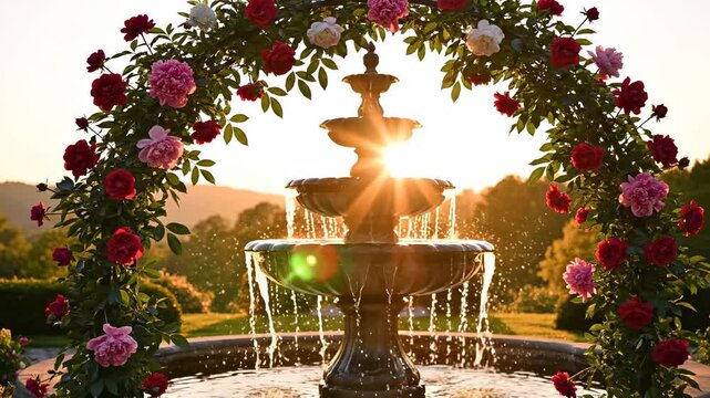 A beautiful fountain surrounded by colorful roses basks in the golden glow of sunset. This fountain and roses create a serene atmosphere perfect for relaxation and enjoyment.