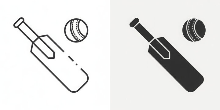cricket bat and ball icon set in outline and silhouette style, representing sports and outdoor activity, vector illustration. 
