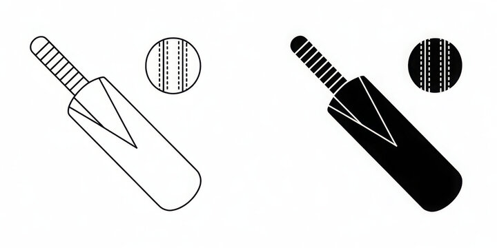 cricket bat and ball icon set in outline and silhouette style, representing sports and outdoor activity, vector illustration. 
