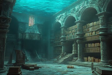 A fantasy underwater scene depicting a mysterious antiquity library, captured in a stunning 3D digital art style.