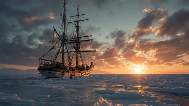 4K Historic tall ship sailing through arctic ice floes at dramatic sunset with orange clouds video