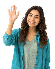 A mexican young middle class woman dressed on blue and light green rising her hand waving saying hi