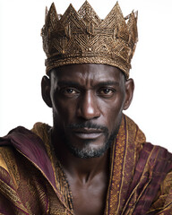 An African king, mature adult man with dark skin tone and strong facial features 