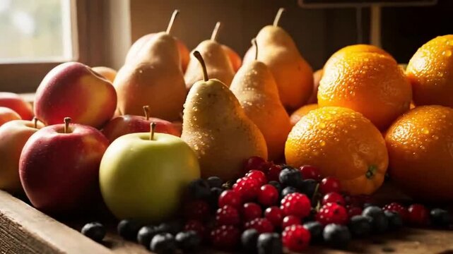 Abundant assortment of fresh orchard fruit including vibrant red and green apples pears oranges and assorted berries artfully arranged on rustic wood surface.