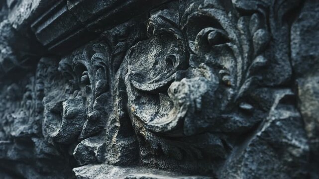 4K Closeup of ancient dark stone architectural carving with intricate acanthus leaf relief detail on a weathered facade video