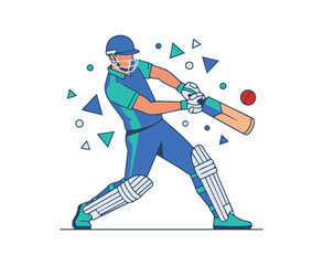 Obraz premium Flat vector illustration of a cricket batsman playing a shot with bat and ball. Clean modern sports artwork on white background.
