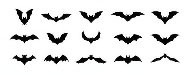 Fototapeta premium Halloween bat silhouette set isolated on white background. Spooky black horror bat graphic. Vector illustration 