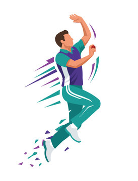 Vector illustration of a cricket bowler in mid-action with dynamic motion streaks. Modern flat style representing speed, energy, and sports performance.