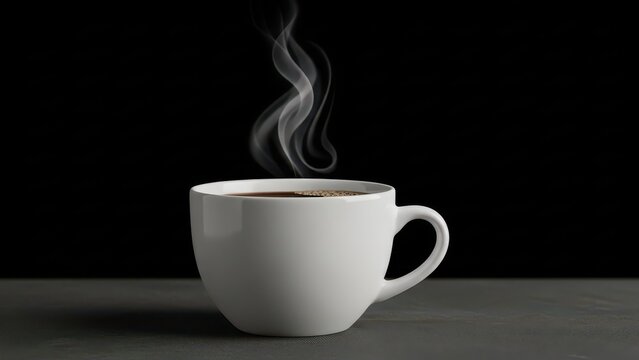 Steaming white cup of hot black coffee on dark background - Powered by Adobe