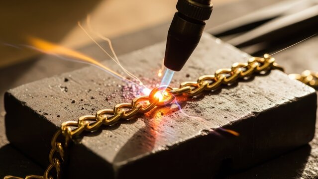 A jeweler uses a torch to repair a gold chain on a metal block, sparks visible