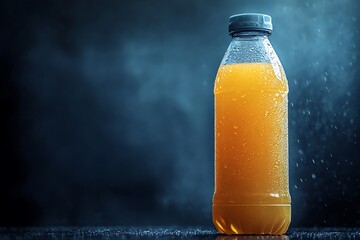 A freshness-focused image portrays an orange juice plastic bottle, glistening with condensation, inviting taste and refreshment.