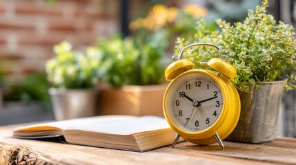 Yellow alarm clock, open book, plants on wood. Morning light