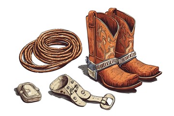 A fun cartoon illustration showcases a cowboy belt set, featuring a rodeo lasso, boots, and spurs that evoke the spirit of the West.