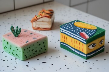 A friendly biodegradable kitchen sponge cartoon brings eco-consciousness to daily chores with a fun, approachable design.