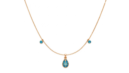 Elegant Gold Necklace with Blue Teardrop Pendant and Gemstones