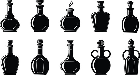 Black potion bottle silhouettes collection featuring vintage glass containers alchemy magic perfume laboratory icons isolated vector illustration set © Arzina