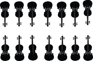 Black violin silhouettes set featuring front and back views classical string instrument icons isolated vector collection music orchestra design elements © Arzina