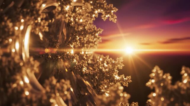 An intricate snowflake pattern catches the sunlight at sunset, shimmering with golden hues. This snowflake and sunset create a dazzling scene filled with light and beauty.