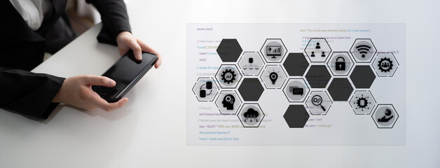 Hexagon interface combining AI, data, analytics, and cybersecurity. AI connects systems, data drives analytics, data supports decisions, and AI enables smart business infrastructure. Latch