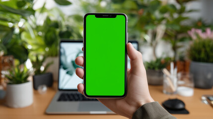 Hand Holding Smartphone with Green Screen Mockup in Home Office with Blurred Laptop Monitor in Background. Copy space, aspect 16:9