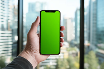 Hand holding a smartphone with a green screen, set against a blurred urban cityscape background. Copy space. Aspect 16:9