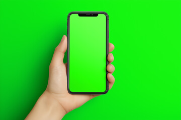 Hand holding a smartphone with a green screen against a solid green background. Copy space, aspect 3:2