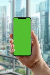 Hand holding a smartphone with a green screen, set against a blurred urban cityscape background. Copy space. Aspect 2:3