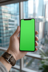 Hand holding a smartphone with a green screen, set against a blurred urban cityscape background. Copy space. Aspect 2:3