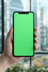 Hand holding a smartphone with a green screen, set against a blurred urban cityscape background. Aspect 2:3