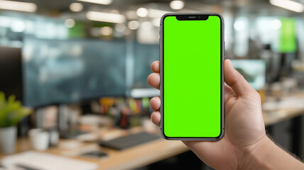 Hand Holding Smartphone with Green Screen Mockup in Modern Office with Blurred Computer Monitors in Background. Copy space, aspect 16:9