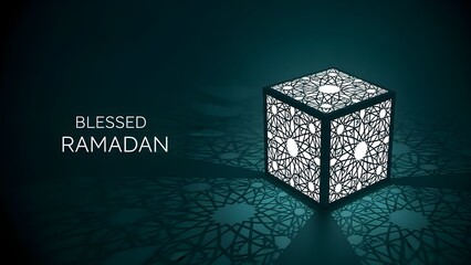 Obraz premium Blessed Ramadan Mubarak Greeting with Islamic Lantern Cube and Ornamental Pattern Background