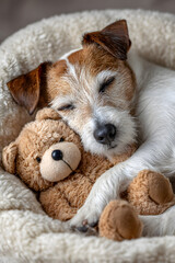 Cute dog sleeping in pet bed hugging best friend family toy bear. Elderly dog Jack Russell terrier resting at home. Vertical cozy calm composition