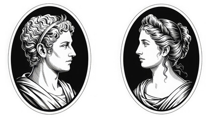 Vector silhouette set of cameo man and woman on white background 
