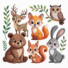 Fototapeta premium Cartoon Forest Animals Group with Deer, Squirrel, Owl and Bear, and Bunny