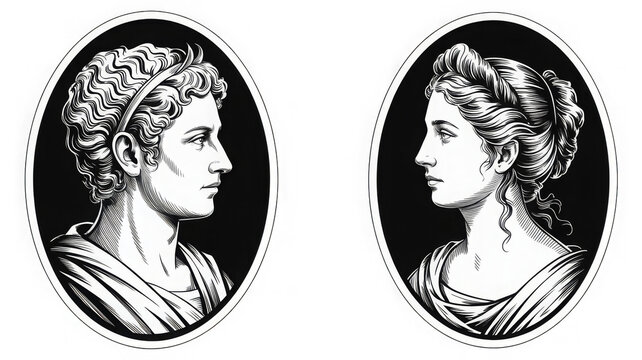 Vector silhouette set of cameo man and woman on white background 
