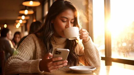 A woman sits at a wooden table, enjoying a warm cup of coffee while using her smartphone. The woman and coffee create a cozy atmosphere in the cafe with soft lighting.