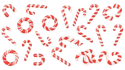 A festive arrangement of red and white striped candy canes on a clean white background, with a shallow focus and a joyful holiday theme.