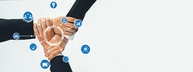 Diverse hands come together symbolizing collaboration and partnership in a business context, surrounded by icons representing teamwork, strategy, and communication. Amity