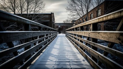 A snow-covered wooden bridge leads toward aged brick buildings under a cloudy sky