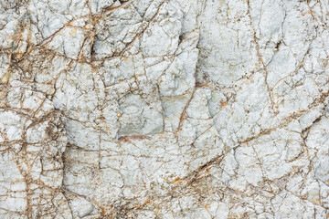 Close-up texture of rugged light gray volcanic rock surface with cracks, fissures, and subtle yellow mineral deposits as natural background.