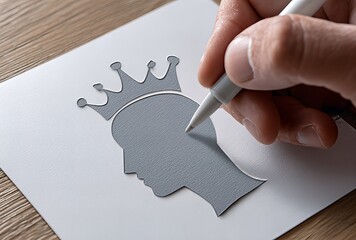 Hand drawing a crown on a silhouette head concept of leadership and success isolated on white paper