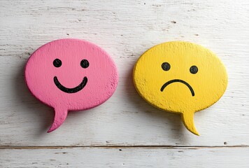 Two speech bubbles with smiley and sad faces representing customer feedback and emotions isolated on