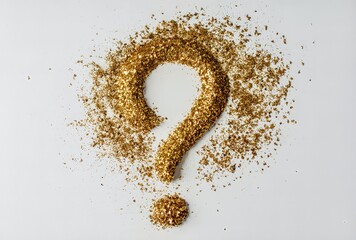 Golden question mark made of glitter representing doubt or inquiry isolated on white background