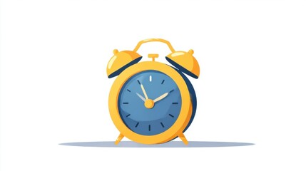 Simple yellow and blue alarm clock with ring bells, a classic instrument for timekeeping and wake-up reminder, isolated on white background. Art illustration. Time management.