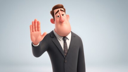 Cartoon man with sad expression gesturing stop with his hand. Business executive displaying refusal. Animated character showing rejection or warning. Art illustration.