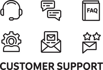 Customer support line icons, headset chat faq settings email messages set