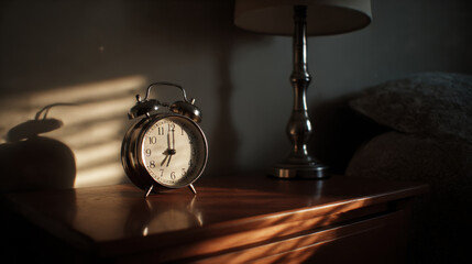 Morning sunlight falling onto an analog alarm clock with ring bells and lamp on a wooden nightstand. Concept of waking up reminder and time management, timekeeping.